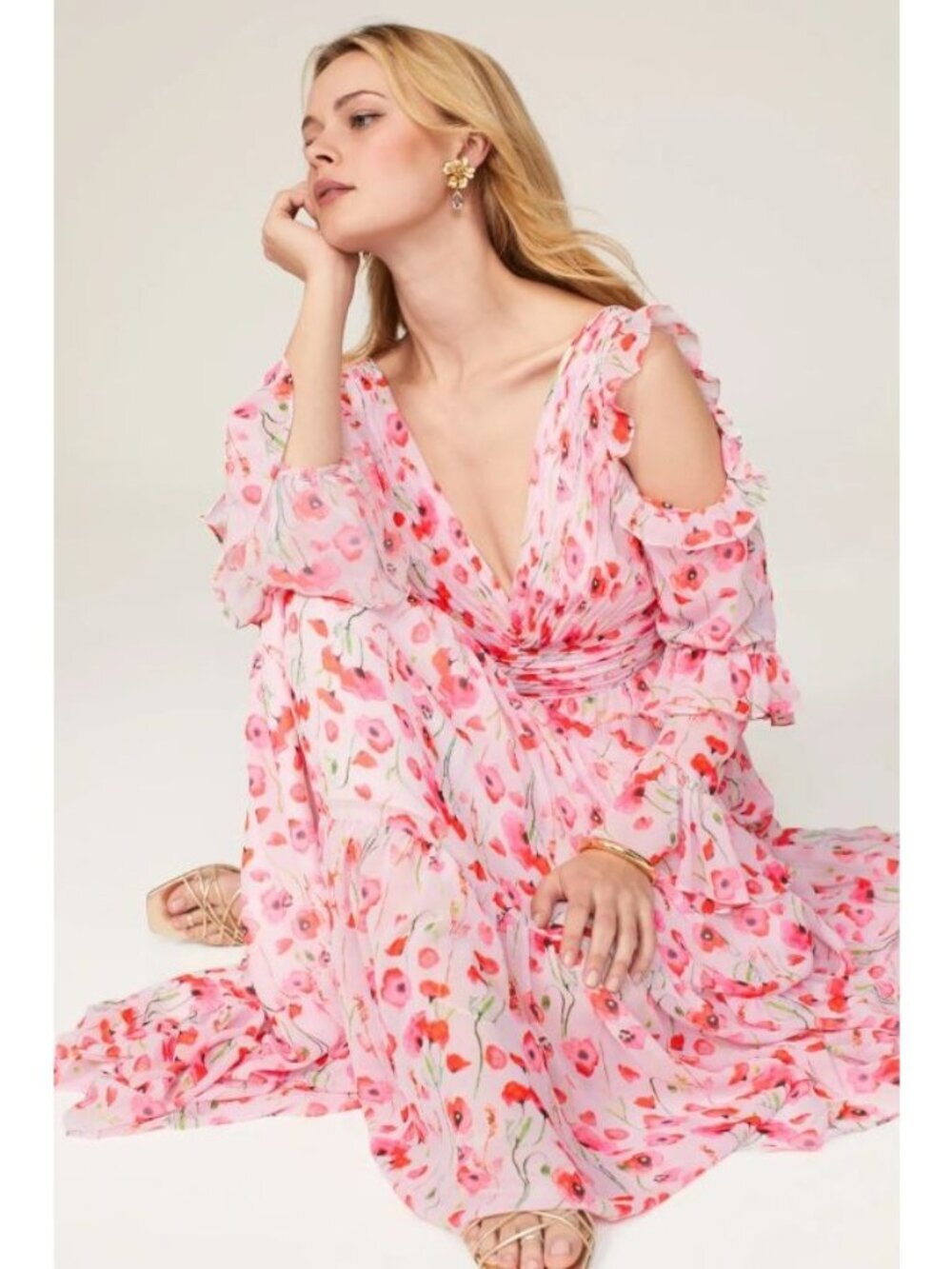 Mac Duggal Ieena Floral Gown 6 Backless Plunge Tiered Ruffled Coquette Twee